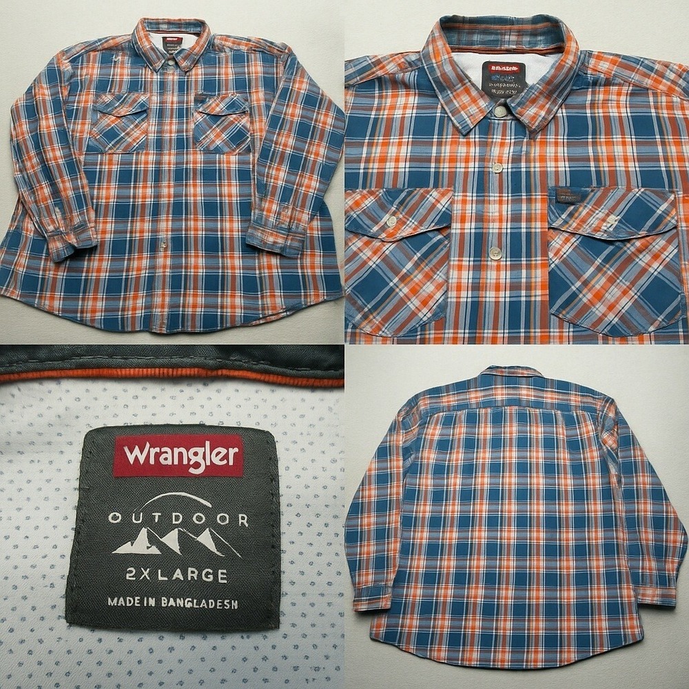Wrangler Snap Shirt Men 2XL Blue Plaid Regular Fit Long Sleeve Button Up Casual